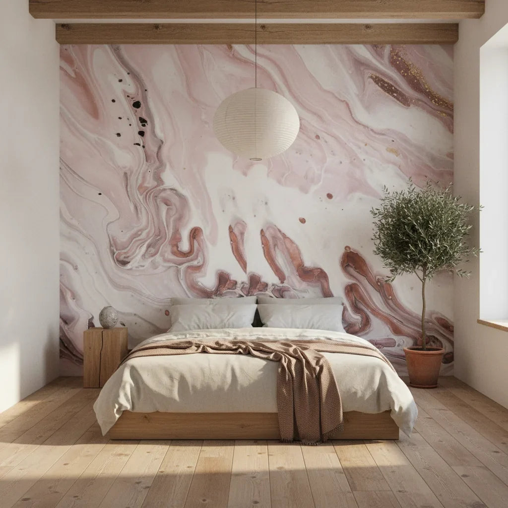 Blurred Essence romantic pink copper marble in a warm and inviting living room