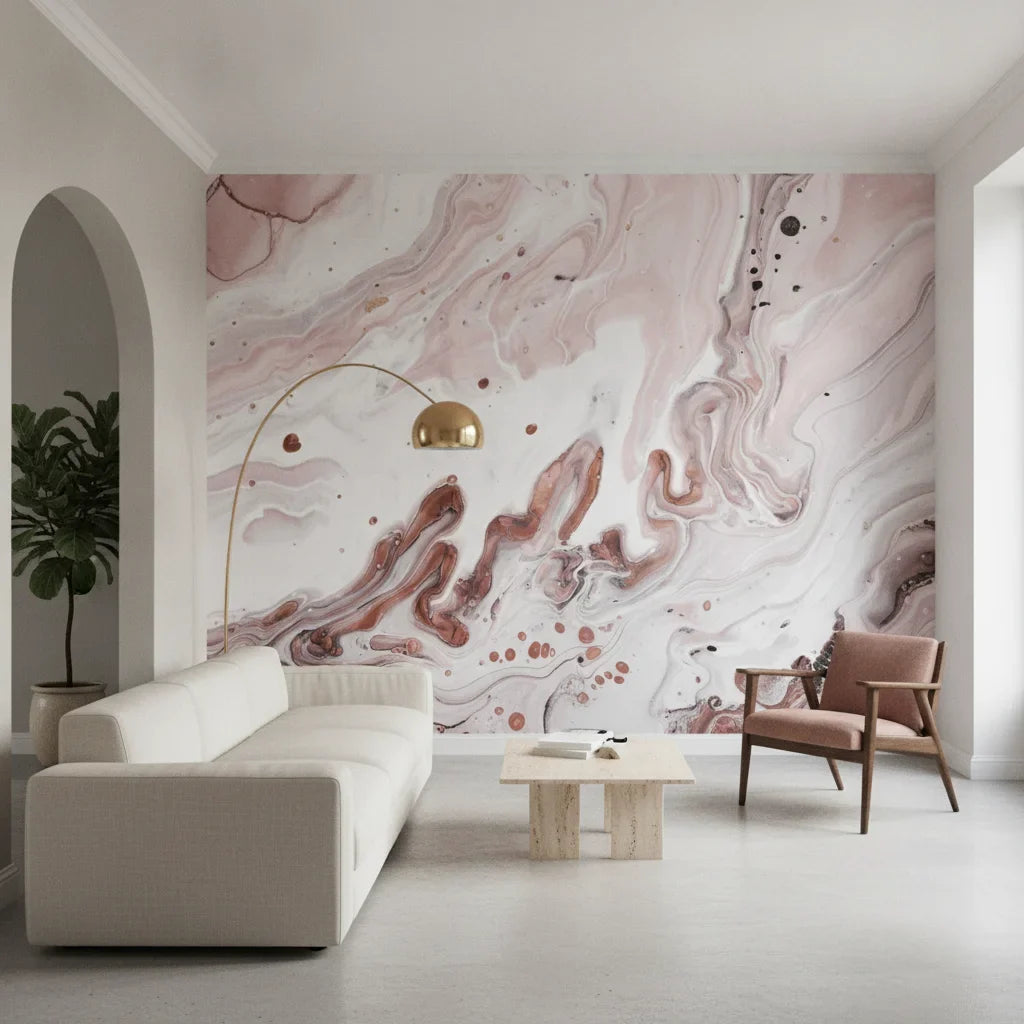 Blurred Essence romantic pink copper marble adding character to a cozy bedroom