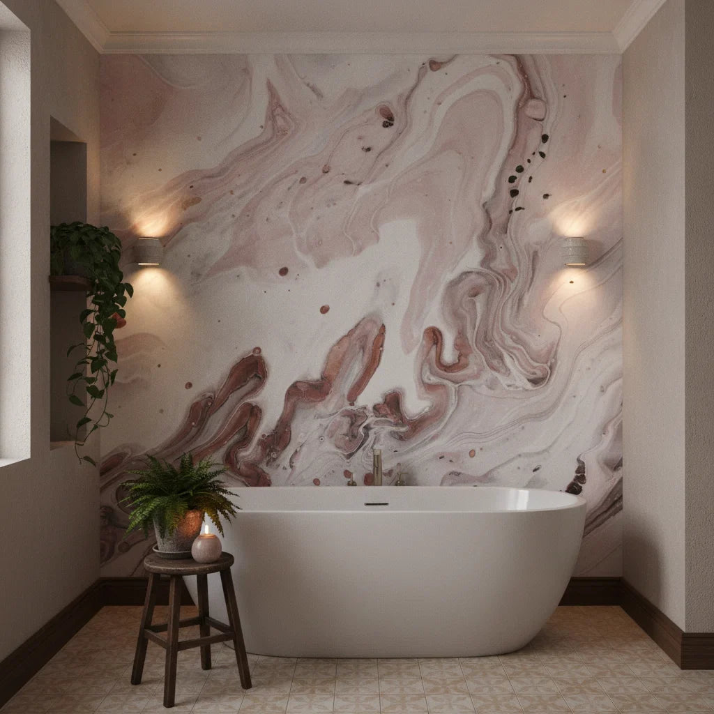 Blurred Essence romantic pink copper marble as a feature wall in a bright home office