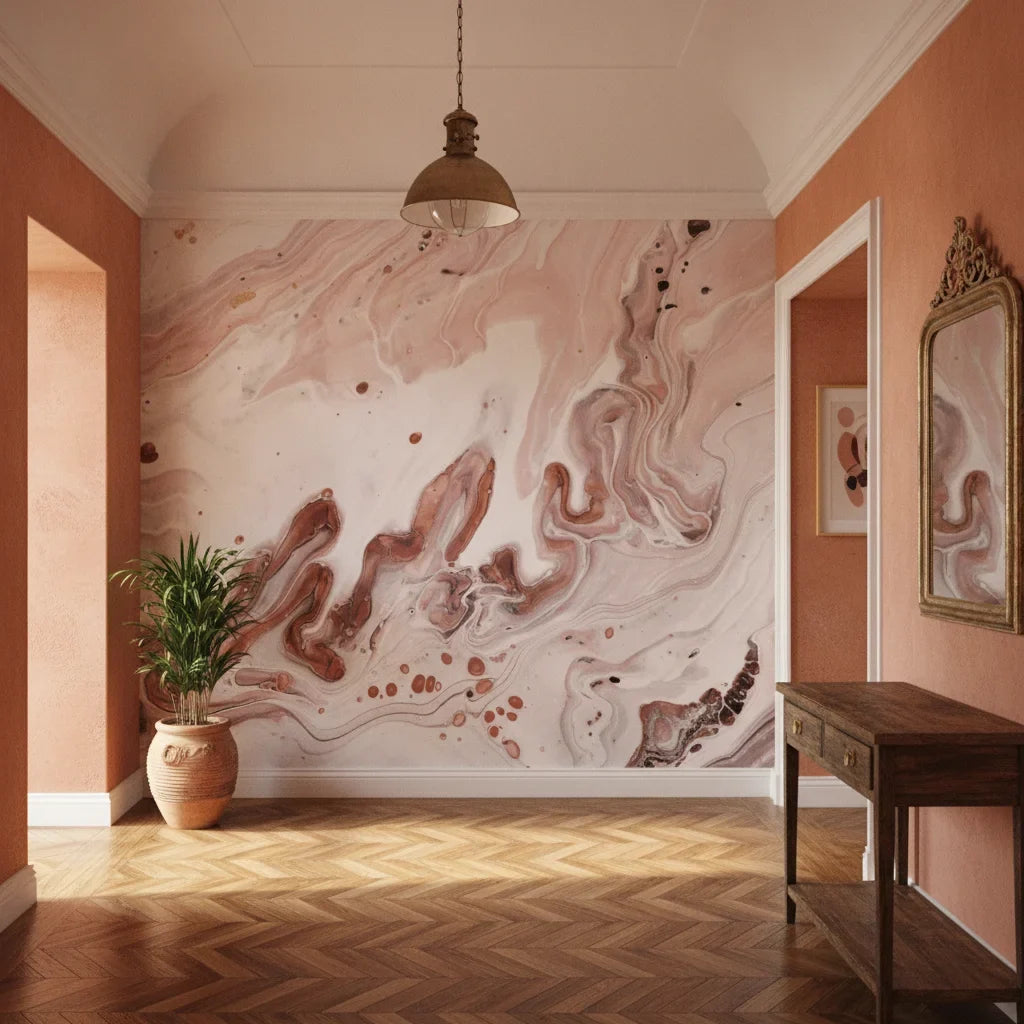 Blurred Essence romantic pink copper marble creating ambiance in a serene bathroom