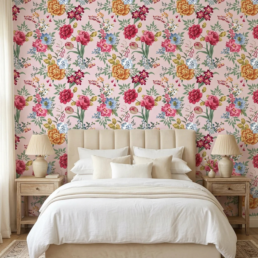 Smooth pink vintage floral peel and stick wallpaper - Blush Bouquet