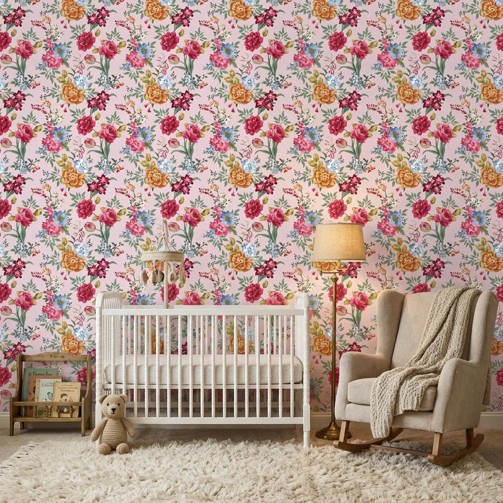 Blush Bouquet vintage floral peel and stick wallpaper in a warm and inviting living room