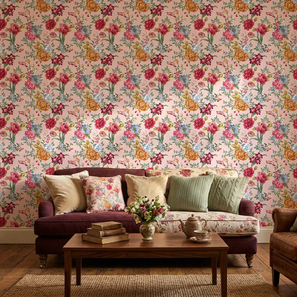 Blush Bouquet vintage floral peel and stick wallpaper adding character to a cozy bedroom