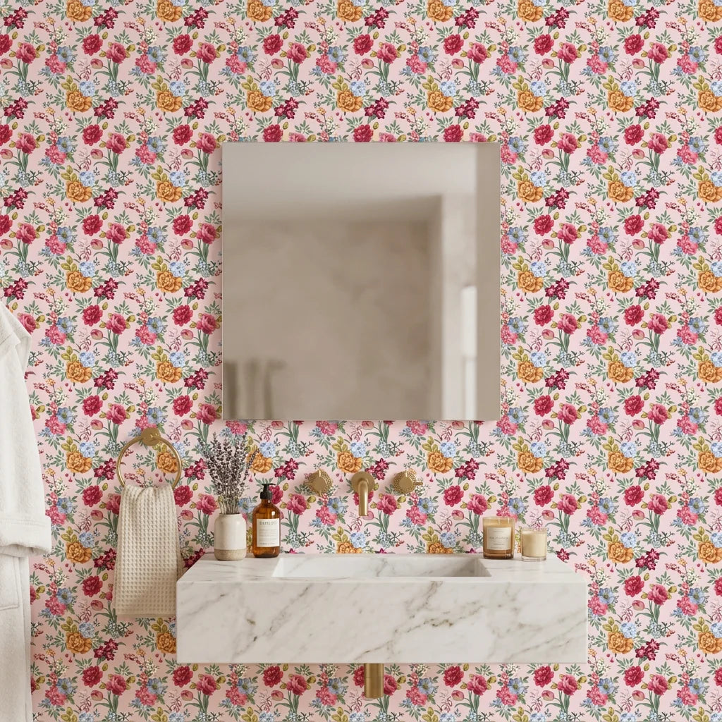 Blush Bouquet vintage floral peel and stick wallpaper as a feature wall in a bright home office