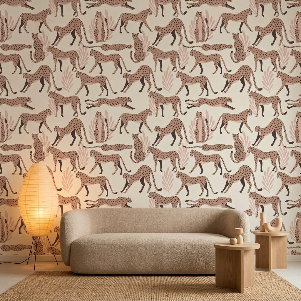 Blush Cheetah pink cheetah animal print wallpaper in a warm and inviting living room