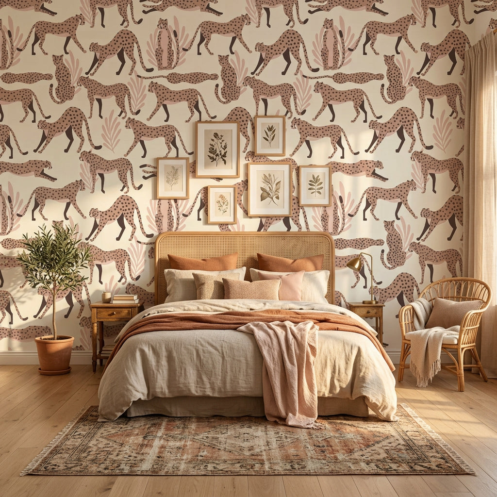 Blush Cheetah pink cheetah animal print wallpaper adding character to a cozy bedroom