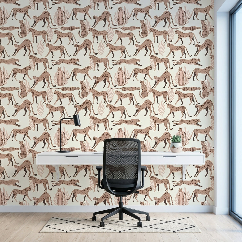 Blush Cheetah pink cheetah animal print wallpaper as a feature wall in a bright home office