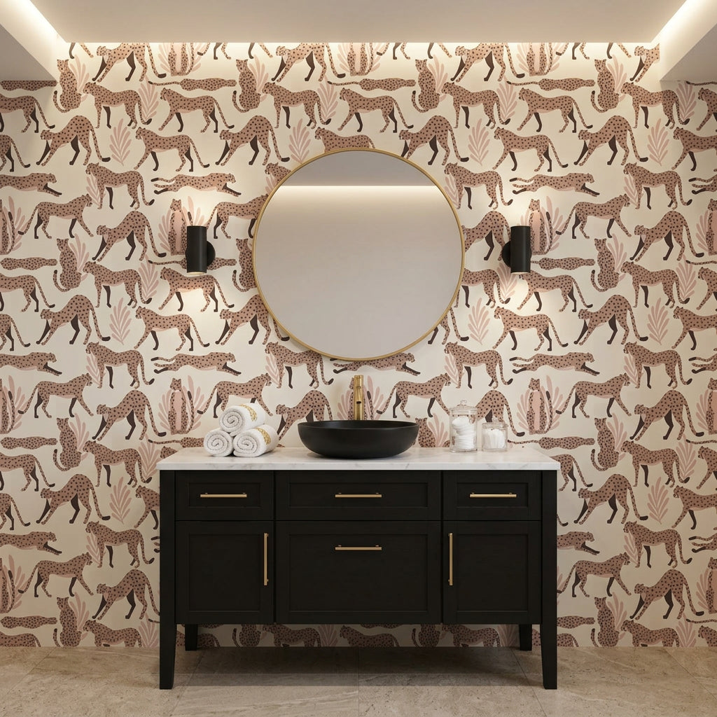 Blush Cheetah pink cheetah animal print wallpaper creating ambiance in a serene bathroom