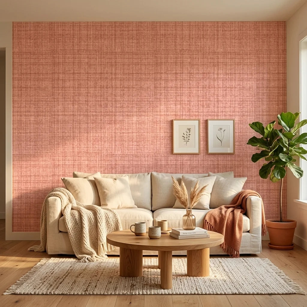 Blush Crossing textured rose peel and stick wallpaper in a warm and inviting living room