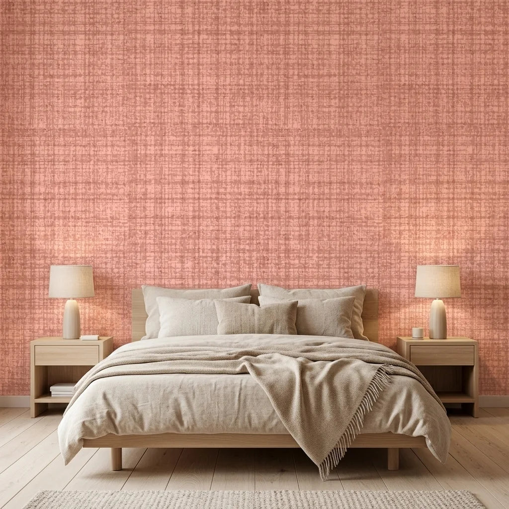 Blush Crossing textured rose peel and stick wallpaper adding character to a cozy bedroom