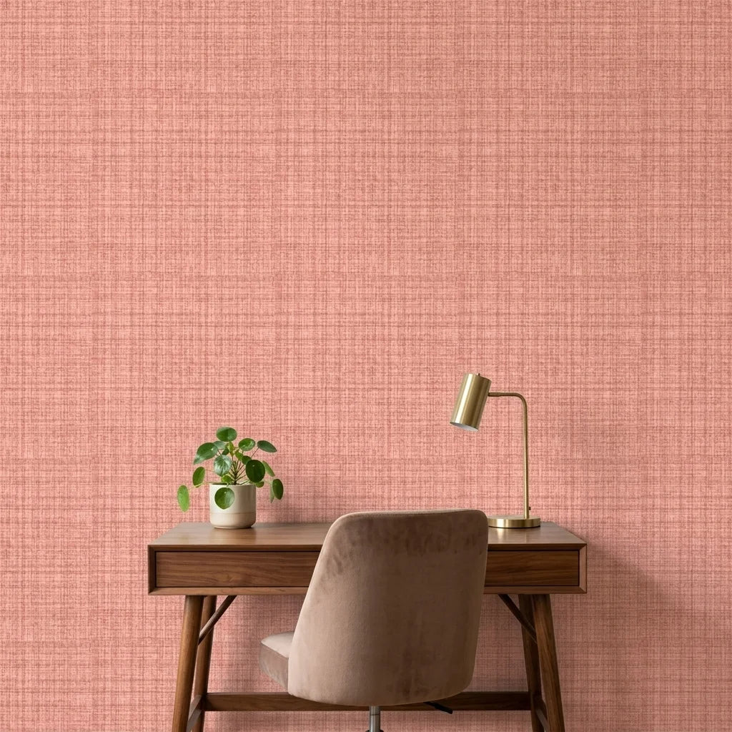 Blush Crossing textured rose peel and stick wallpaper as a feature wall in a bright home office
