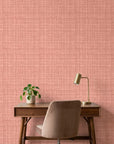 Blush Crossing textured rose peel and stick wallpaper as a feature wall in a bright home office