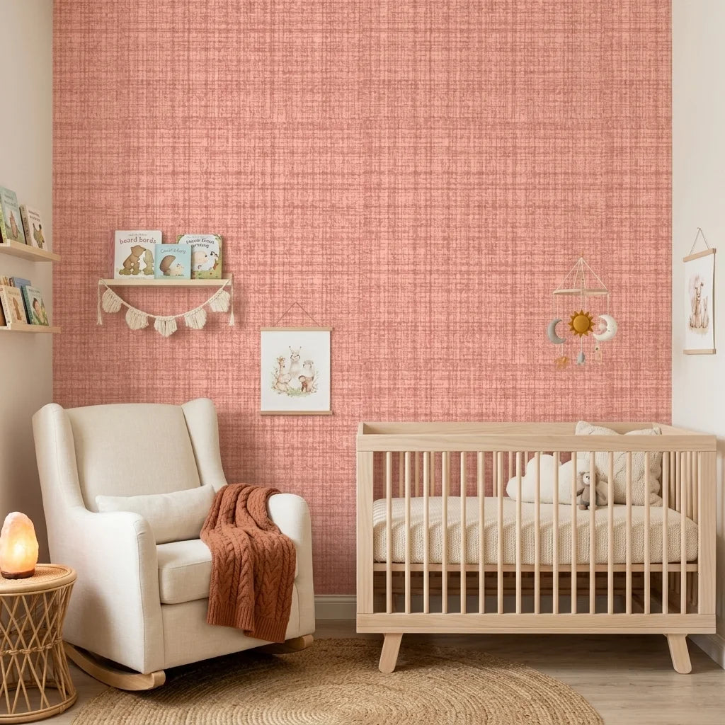 Blush Crossing textured rose peel and stick wallpaper creating ambiance in a serene bathroom