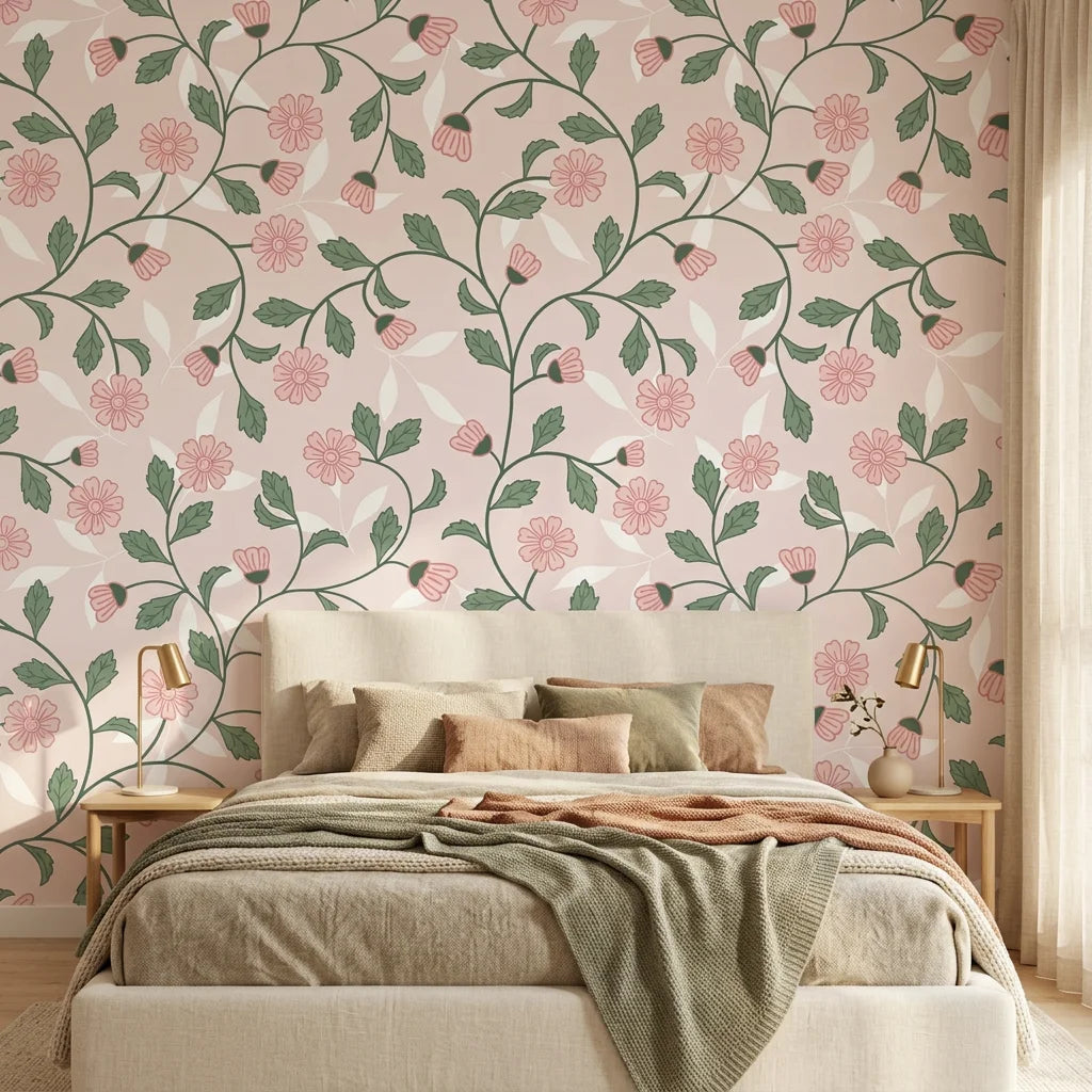 Smooth pink and green floral peel and stick wallpaper - Blush Daisy