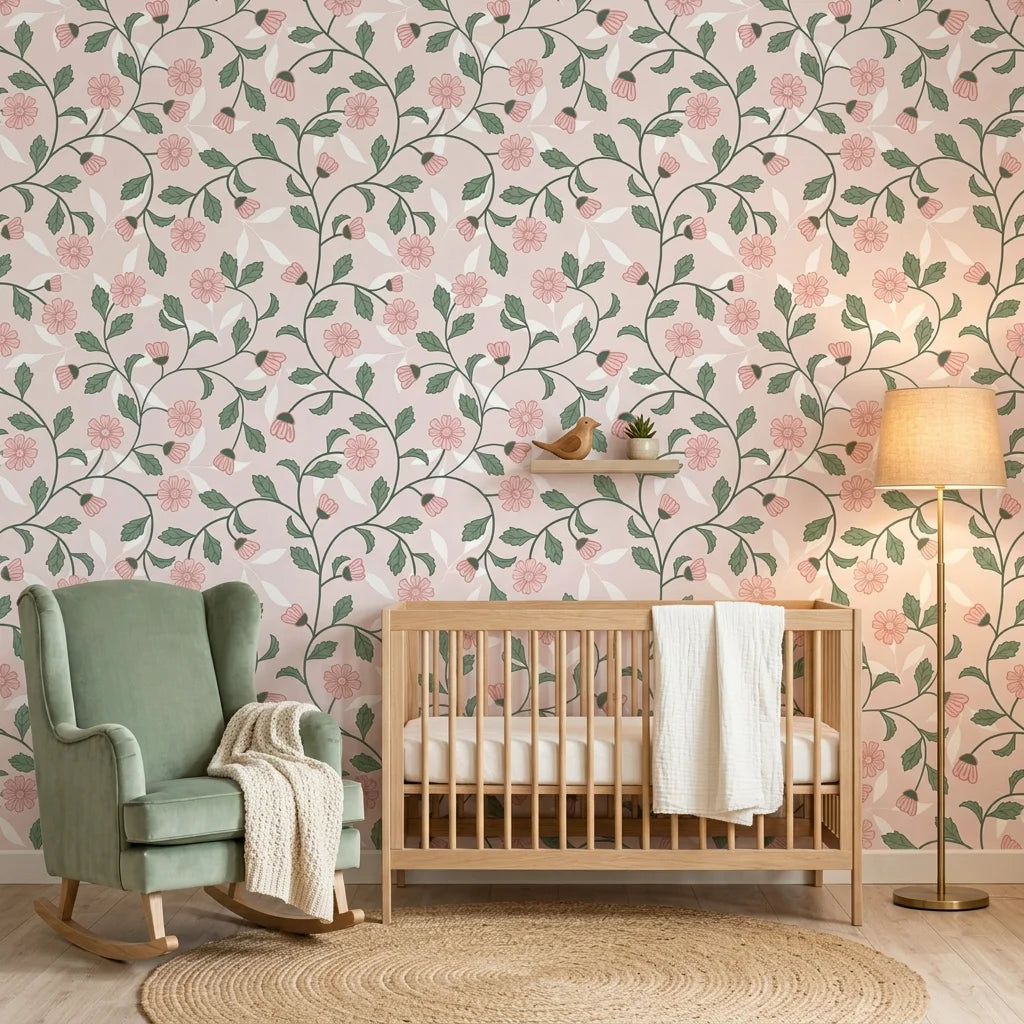 Blush Daisy pink floral peel and stick wallpaper in a warm and inviting living room