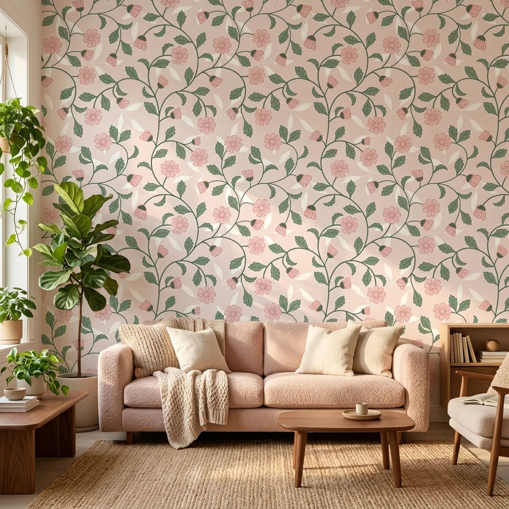 Blush Daisy pink floral peel and stick wallpaper adding character to a cozy bedroom
