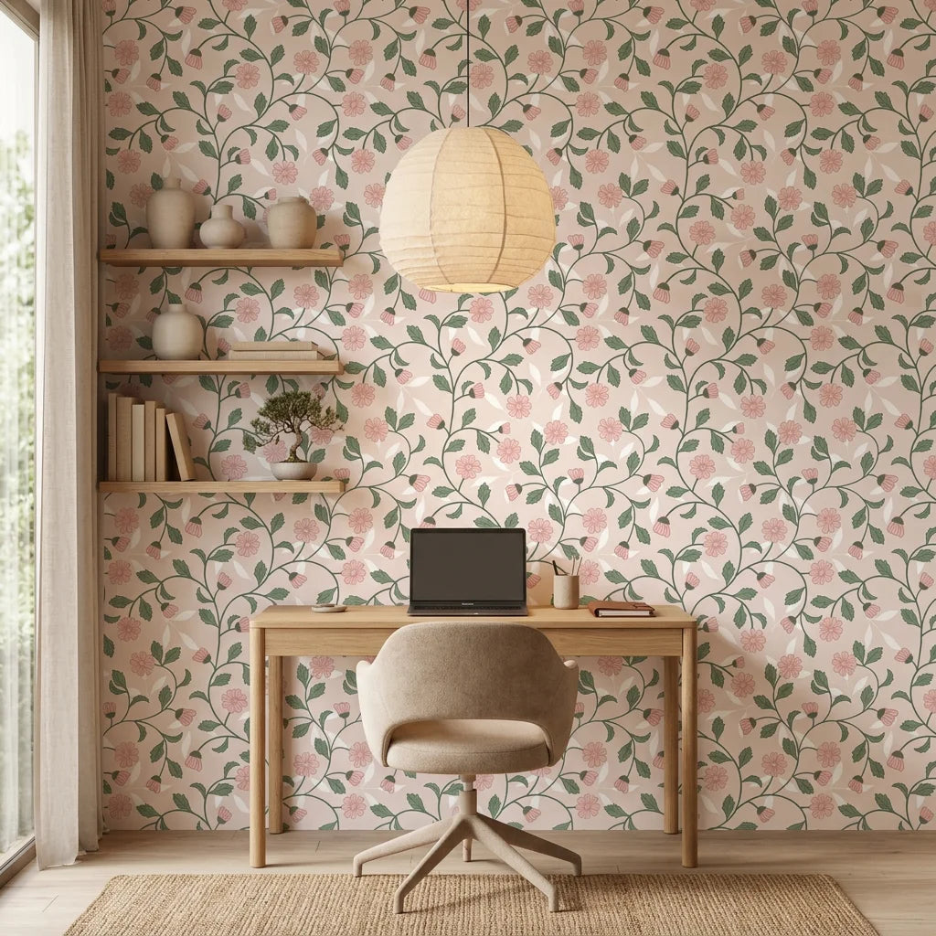 Blush Daisy pink floral peel and stick wallpaper as a feature wall in a bright home office