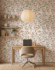 Blush Daisy pink floral peel and stick wallpaper as a feature wall in a bright home office
