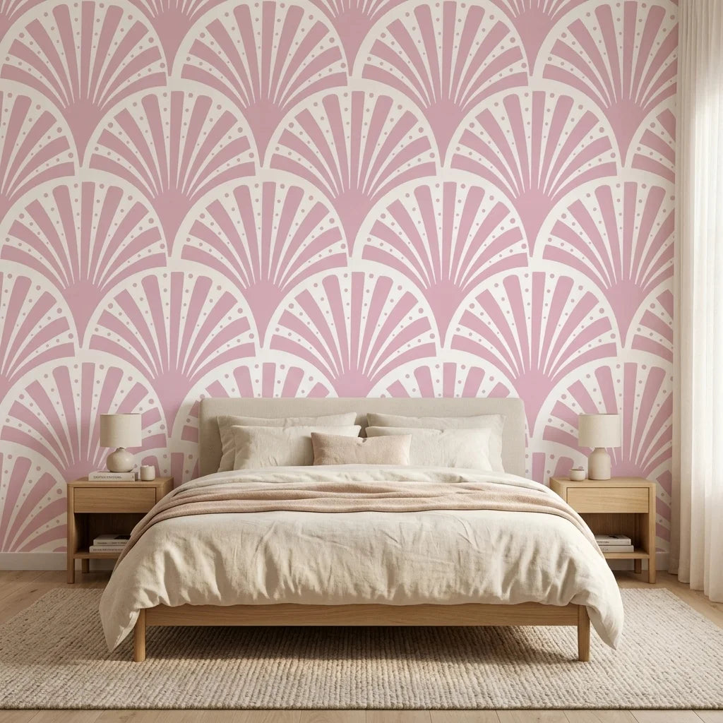 Blush Deco elegant pink art deco wallpaper in a warm and inviting living room