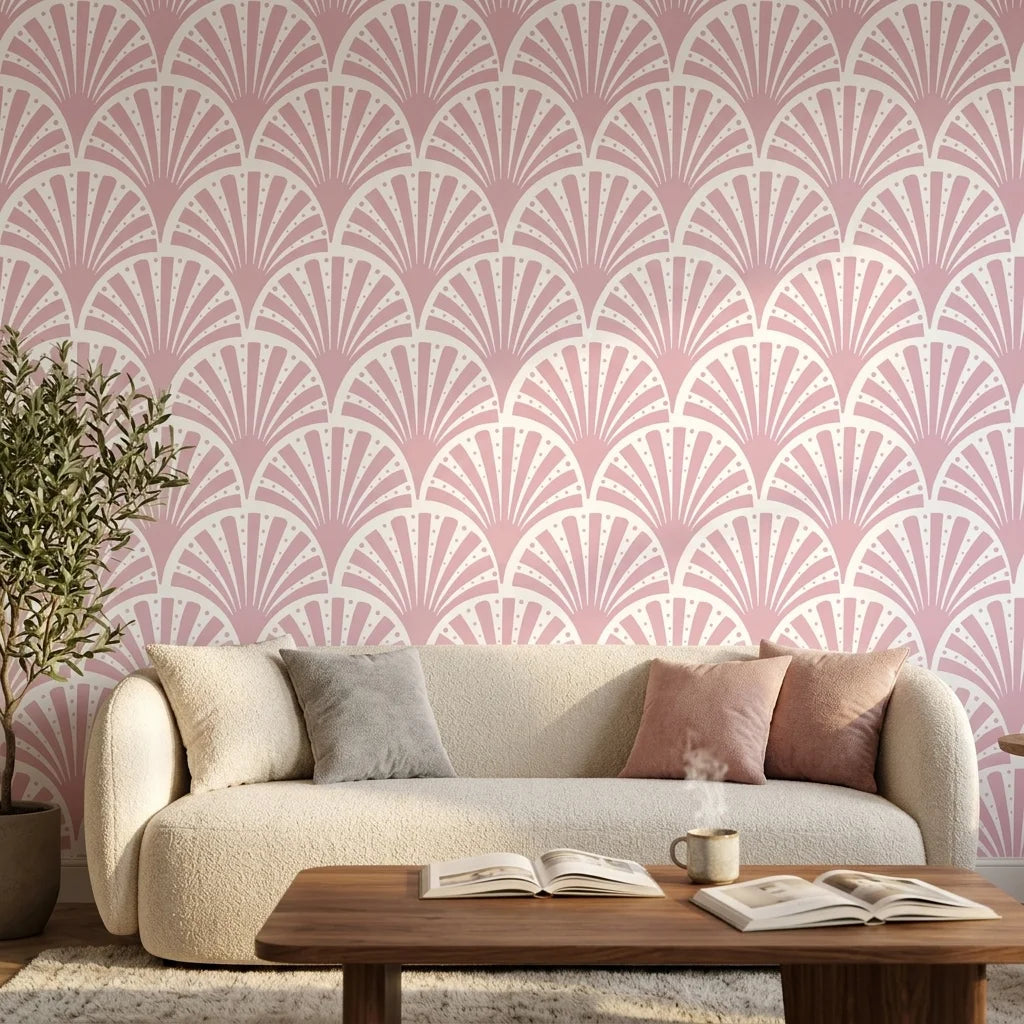 Blush Deco elegant pink art deco wallpaper as a feature wall in a bright home office