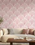 Blush Deco elegant pink art deco wallpaper as a feature wall in a bright home office