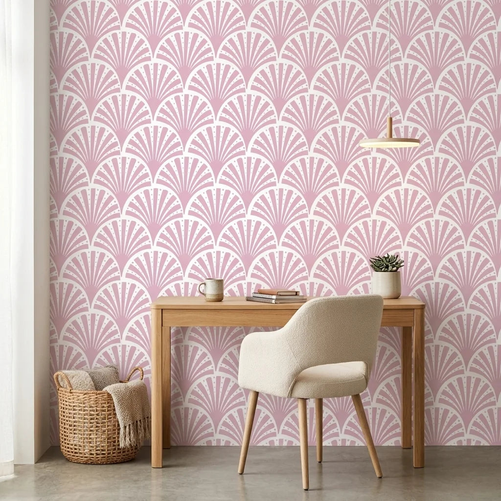 Blush Deco elegant pink art deco wallpaper creating ambiance in a serene bathroom