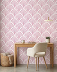 Blush Deco elegant pink art deco wallpaper creating ambiance in a serene bathroom