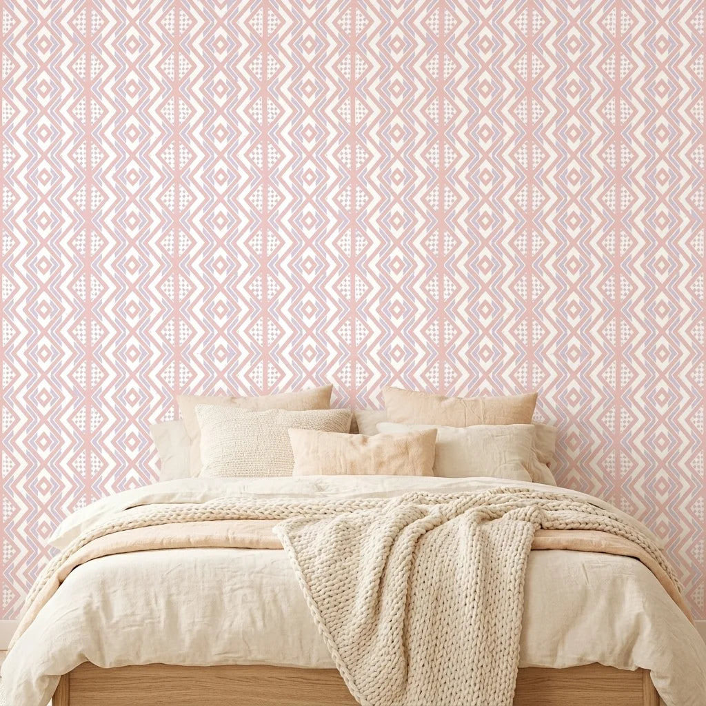 Blush Diamond pale pink geometric wallpaper adding character to a cozy bedroom