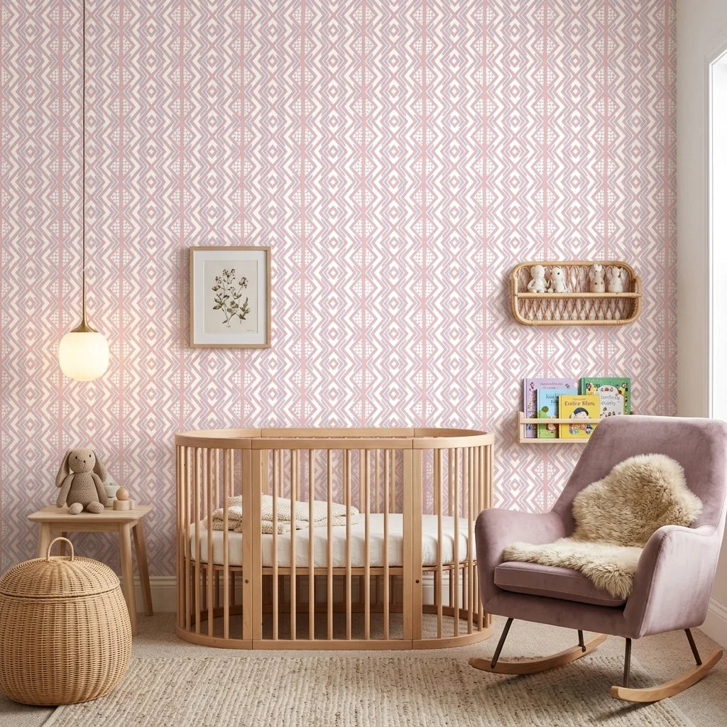 Blush Diamond pale pink geometric wallpaper bringing warmth to a peaceful nursery