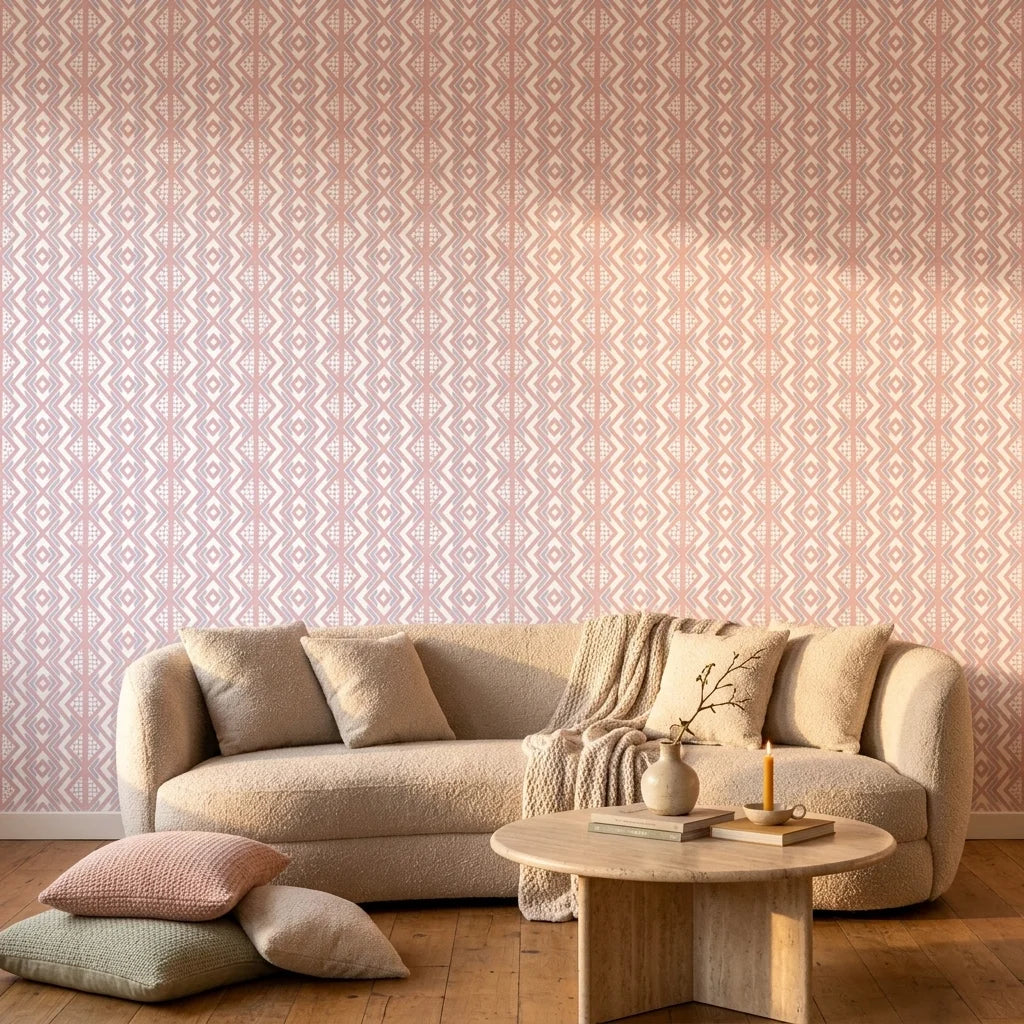 Blush Diamond pale pink geometric wallpaper in a warm and inviting living room