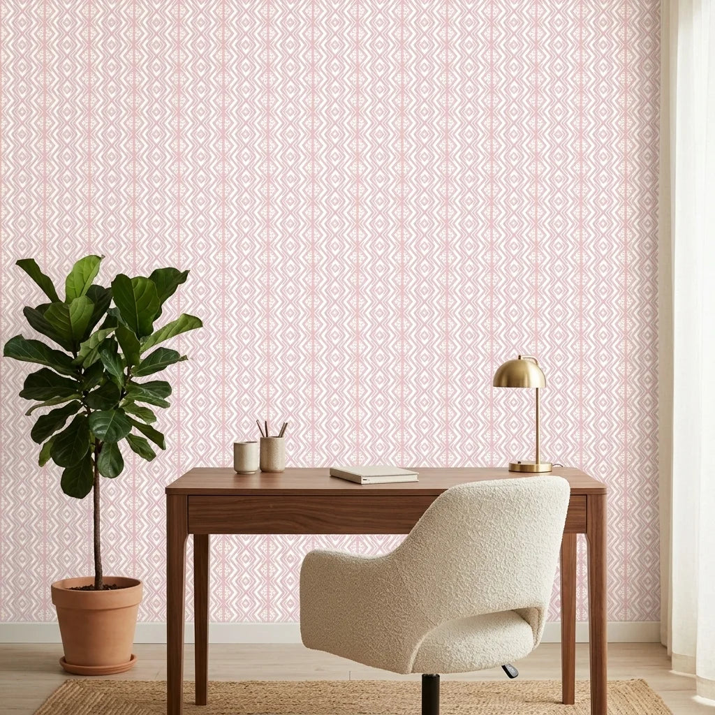 Blush Diamond pale pink geometric wallpaper as a feature wall in a bright home office