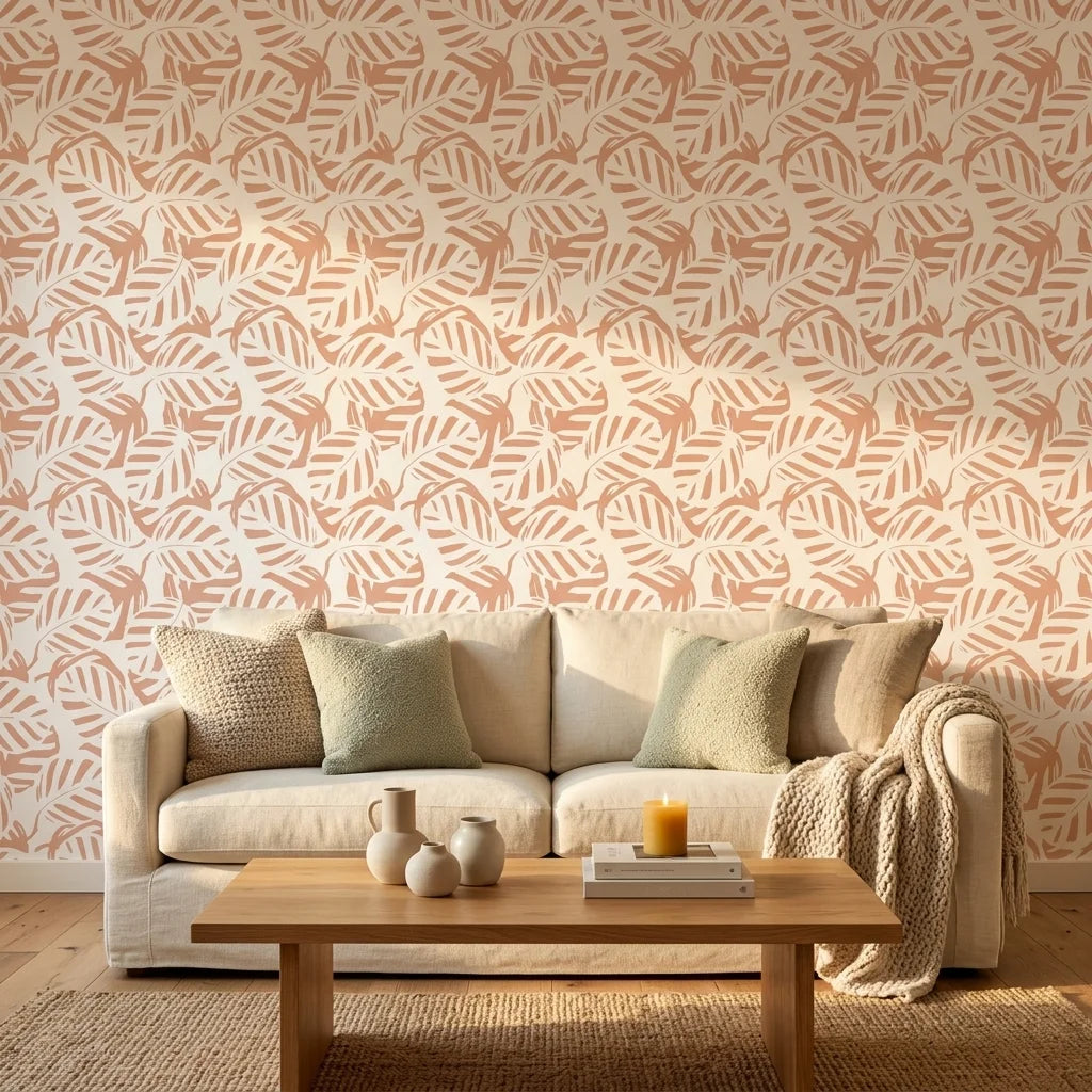 Blush Frond peach botanical peel and stick wallpaper in a warm and inviting living room