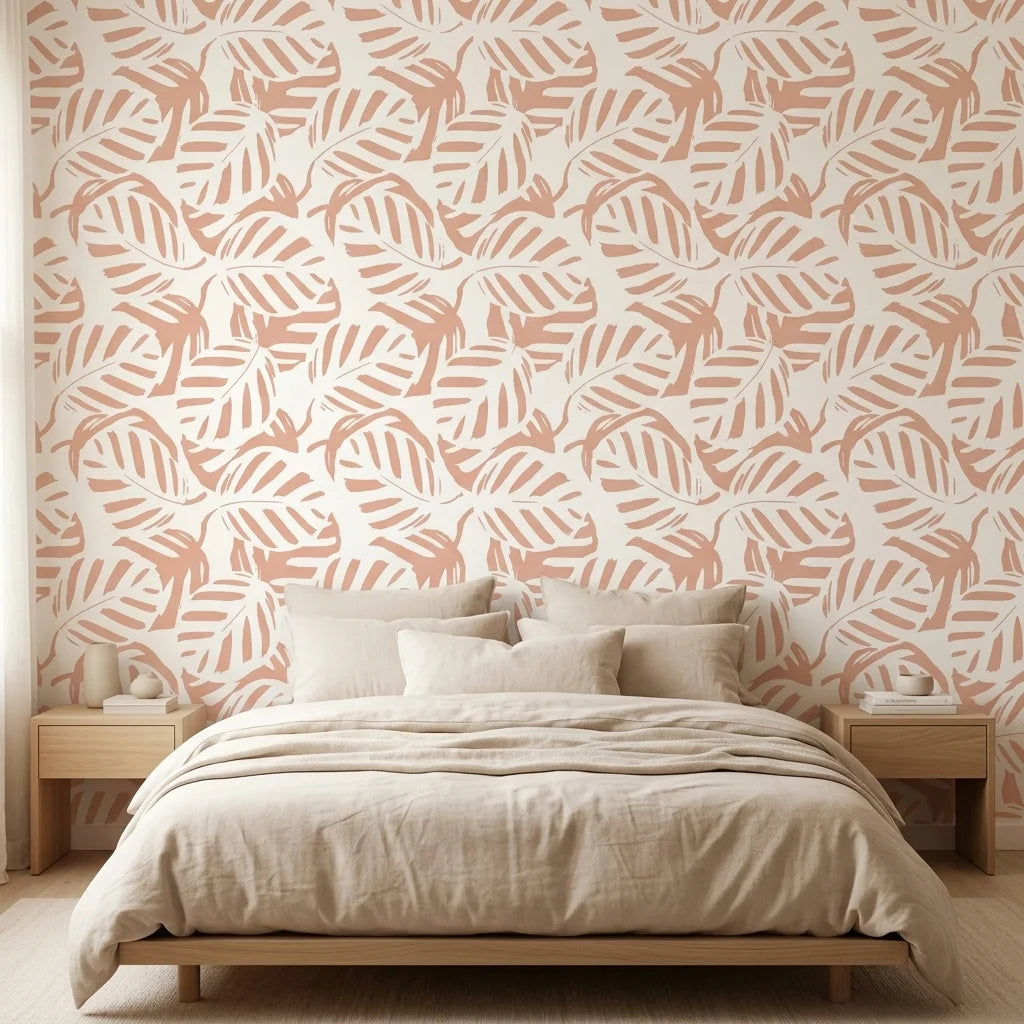 Blush Frond peach botanical peel and stick wallpaper adding character to a cozy bedroom