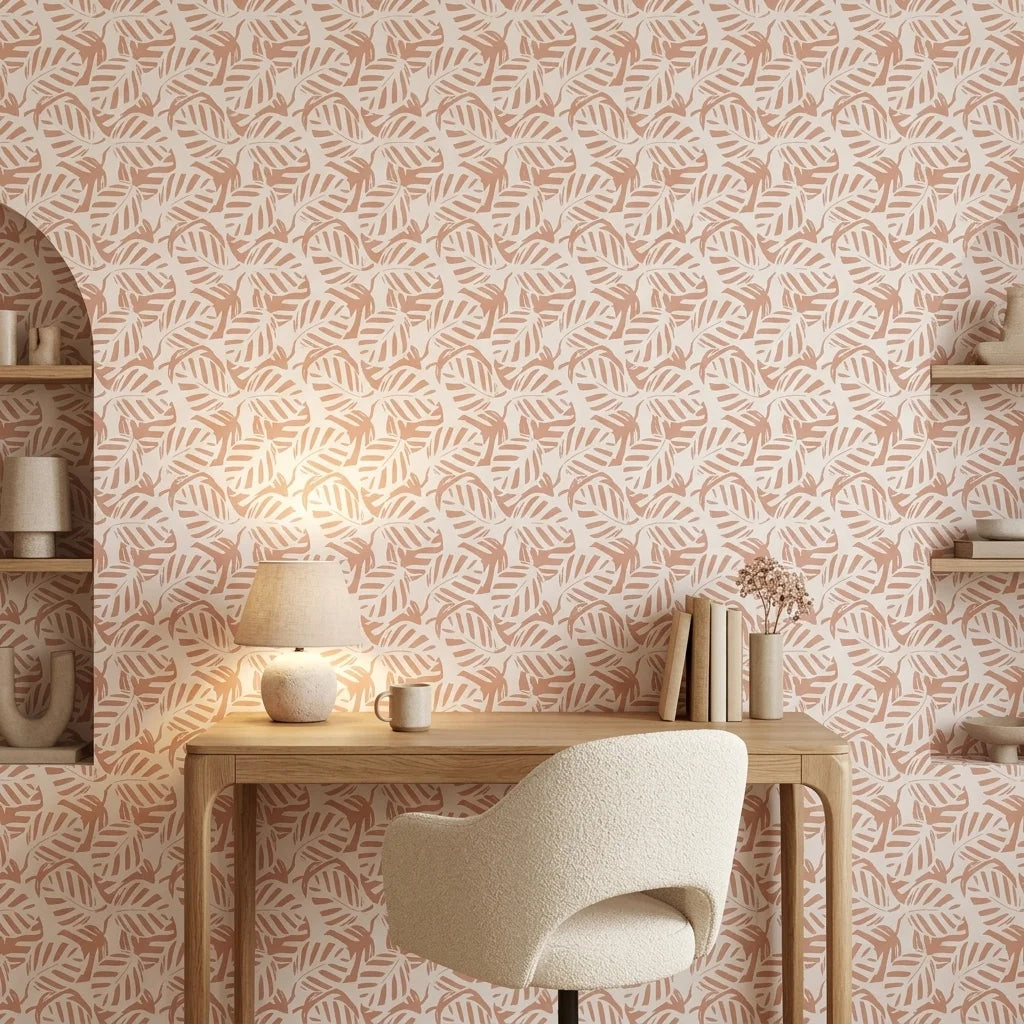 Blush Frond peach botanical peel and stick wallpaper enhancing the charm of a stylish dining room
