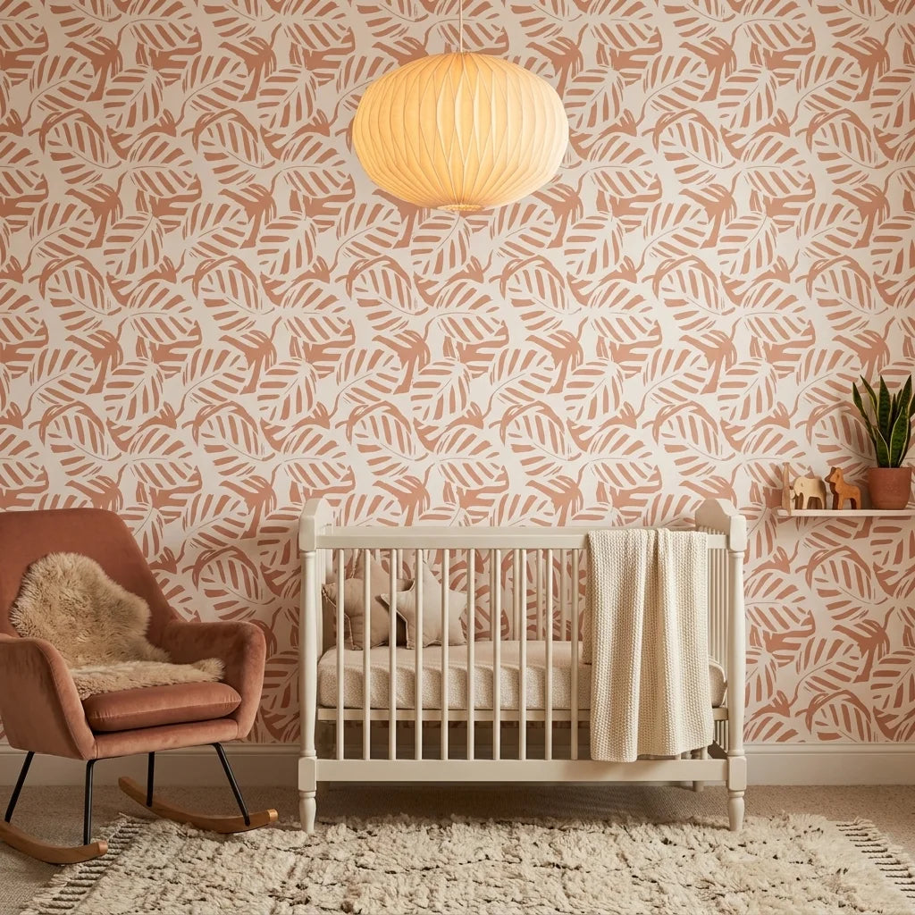 Blush Frond peach botanical peel and stick wallpaper bringing warmth to a peaceful nursery