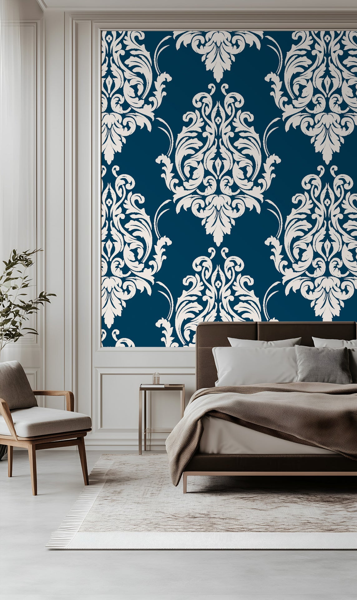 Classic damask wallpaper with crisp ivory ornamental scrollwork on a deep teal blue background.