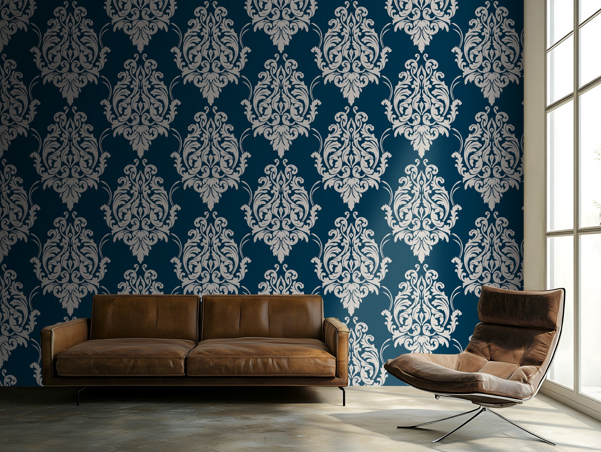 Classic damask wallpaper with crisp ivory ornamental scrollwork on a deep teal blue background.