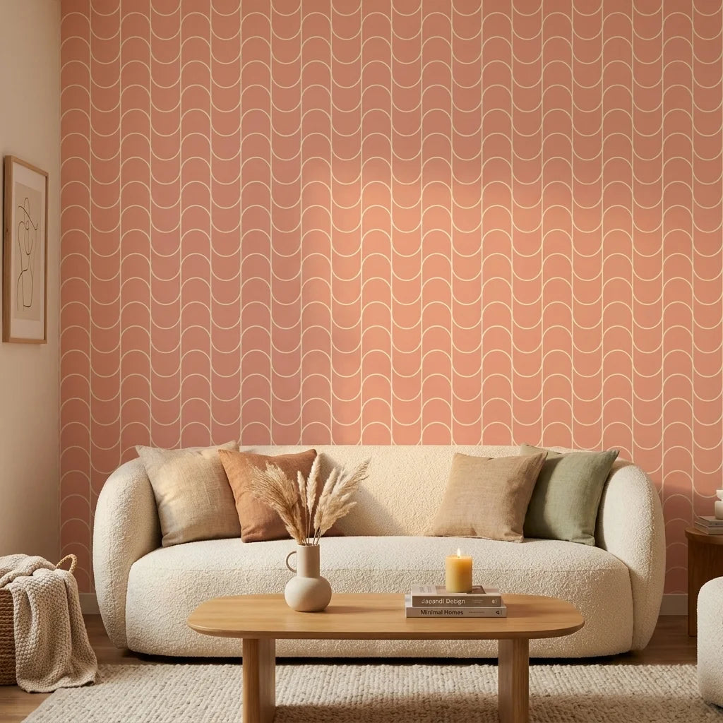 Blush Horizon soft pink retro arc wallpaper creating ambiance in a serene bathroom