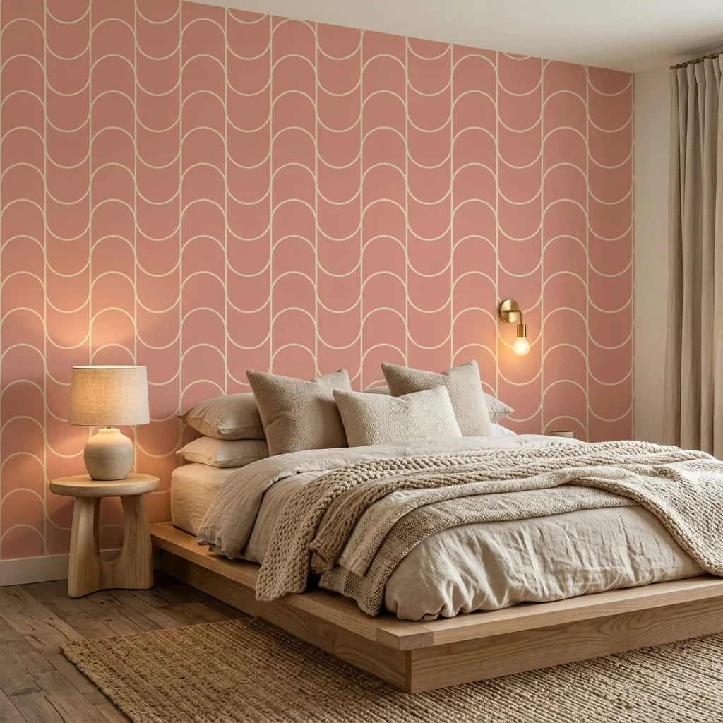 Blush Horizon soft pink retro arc wallpaper in a warm and inviting living room