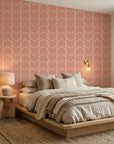 Blush Horizon soft pink retro arc wallpaper in a warm and inviting living room