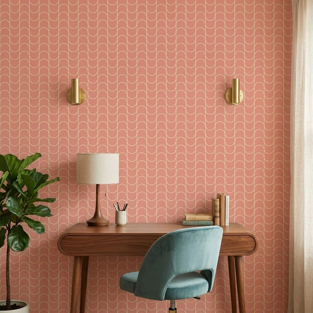 Blush Horizon soft pink retro arc wallpaper adding character to a cozy bedroom