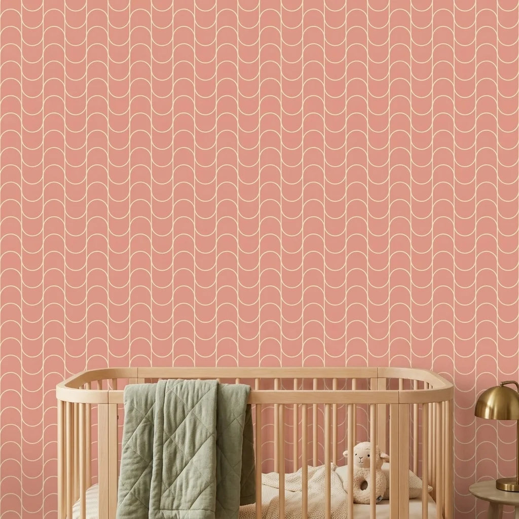 Blush Horizon soft pink retro arc wallpaper as a feature wall in a bright home office