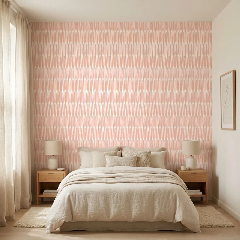 Blush Ikat peach and pink abstract wallpaper in a warm and inviting living room