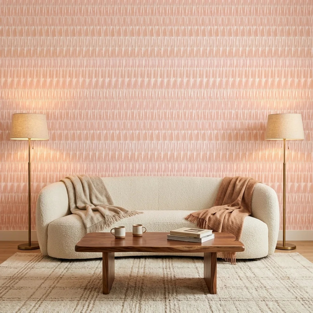 Blush Ikat peach and pink abstract wallpaper adding character to a cozy bedroom