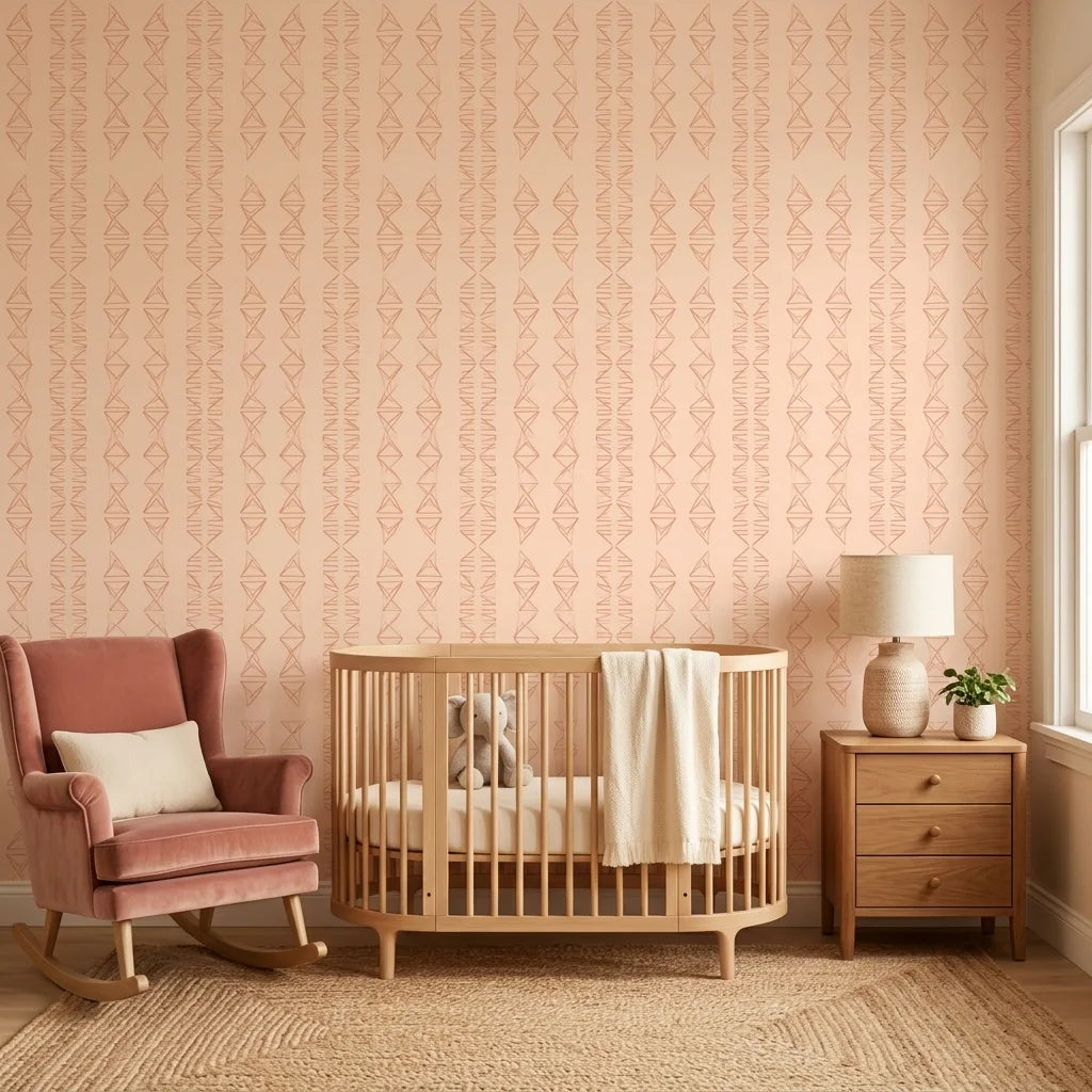Blush Ikat peach and pink abstract wallpaper as a feature wall in a bright home office