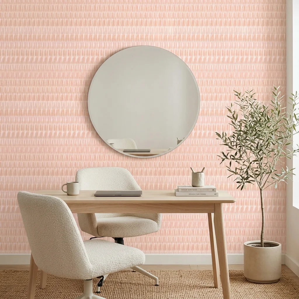 Blush Ikat peach and pink abstract wallpaper creating ambiance in a serene bathroom