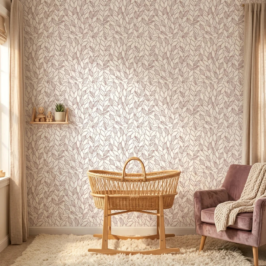 Blush Leaf neutral botanical peel and stick wallpaper in a warm and inviting living room