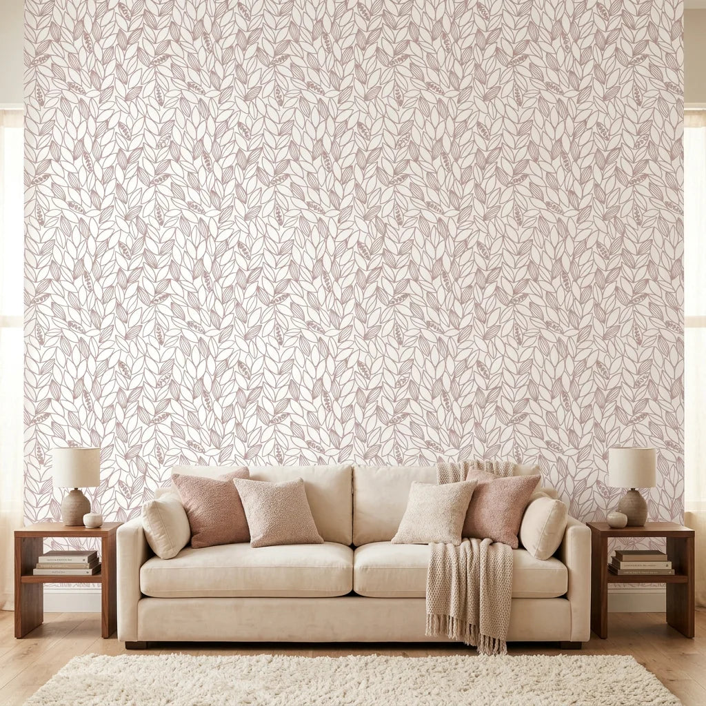 Blush Leaf neutral botanical peel and stick wallpaper adding character to a cozy bedroom