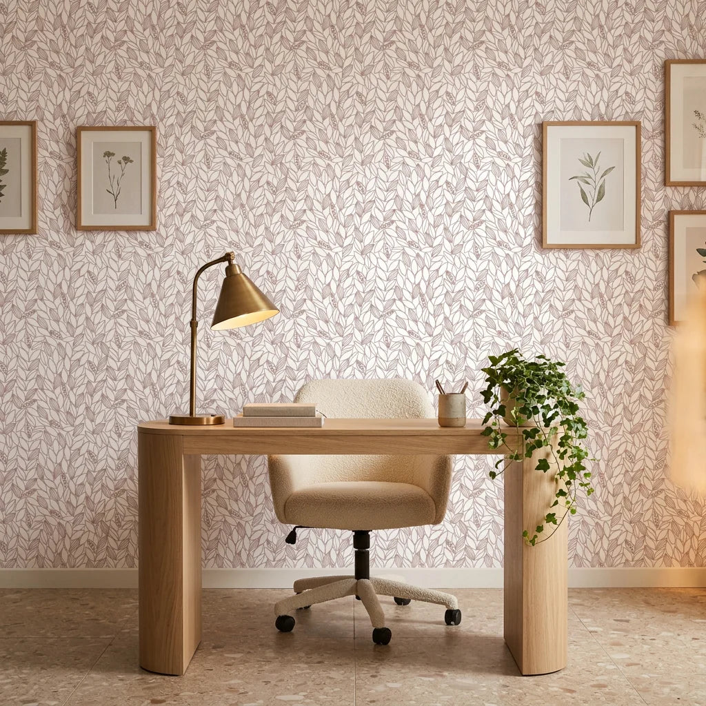 Blush Leaf neutral botanical peel and stick wallpaper as a feature wall in a bright home office