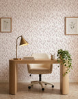 Blush Leaf neutral botanical peel and stick wallpaper as a feature wall in a bright home office